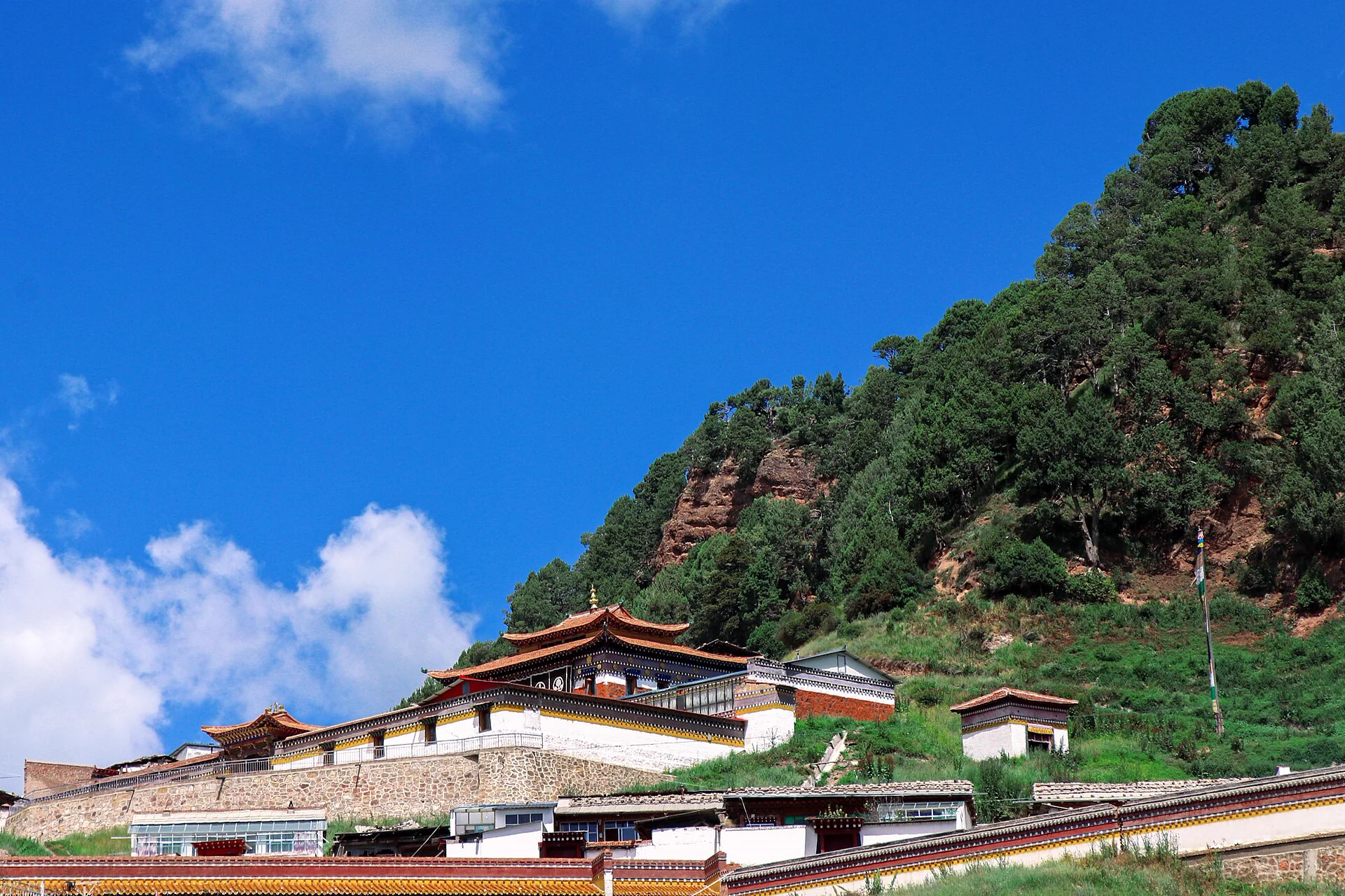 郎木寺镇寺院建筑依山而建，山坡草木繁茂