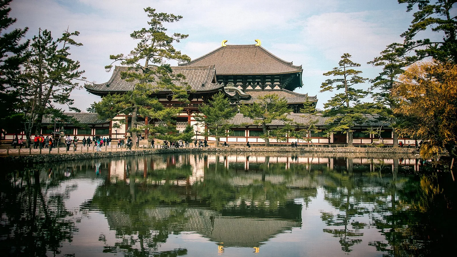 镜池水面映出奈良东大寺中门与大佛殿
